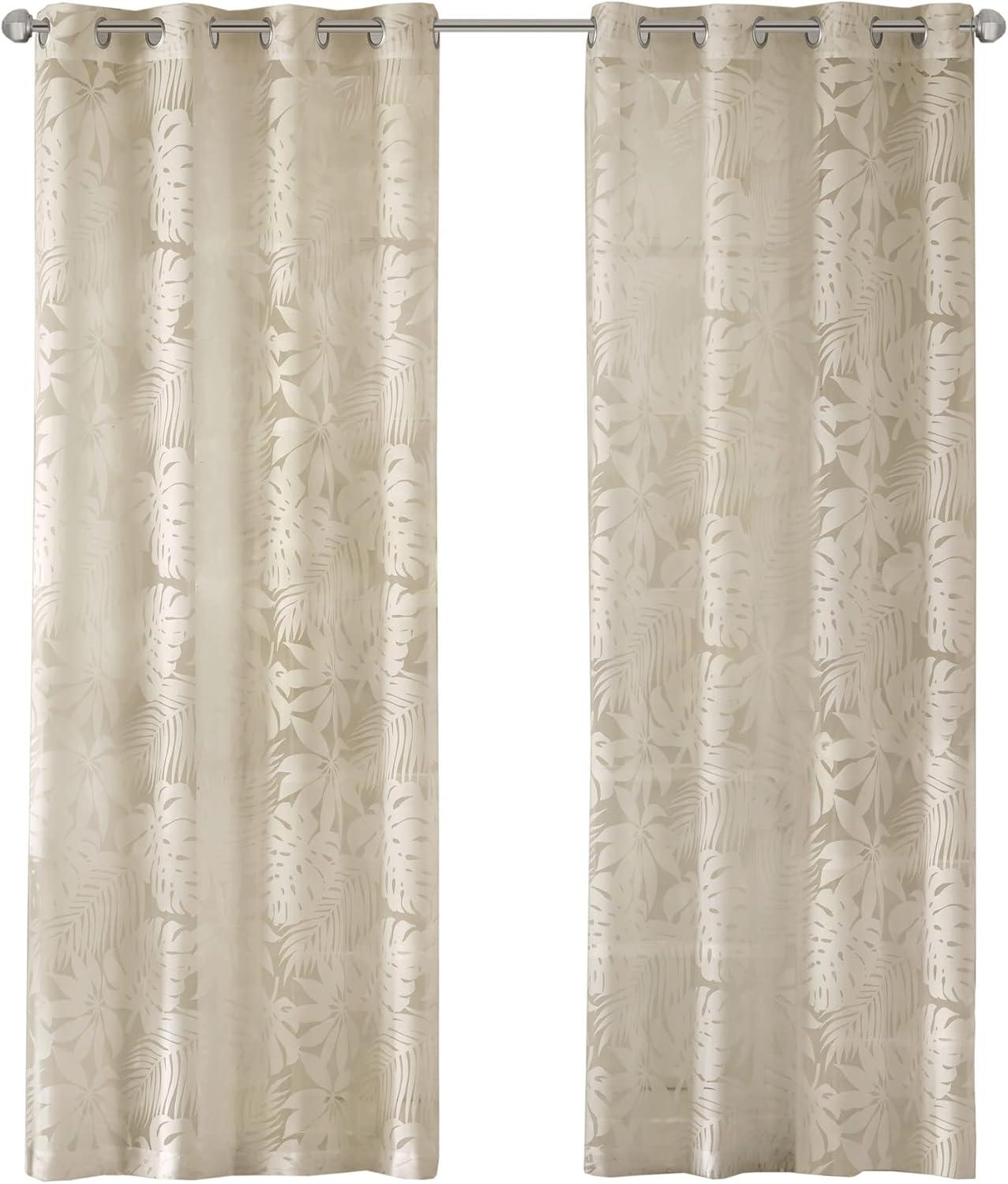 Natural Beige Palm Leaf Sheer Grommet Curtain Panel