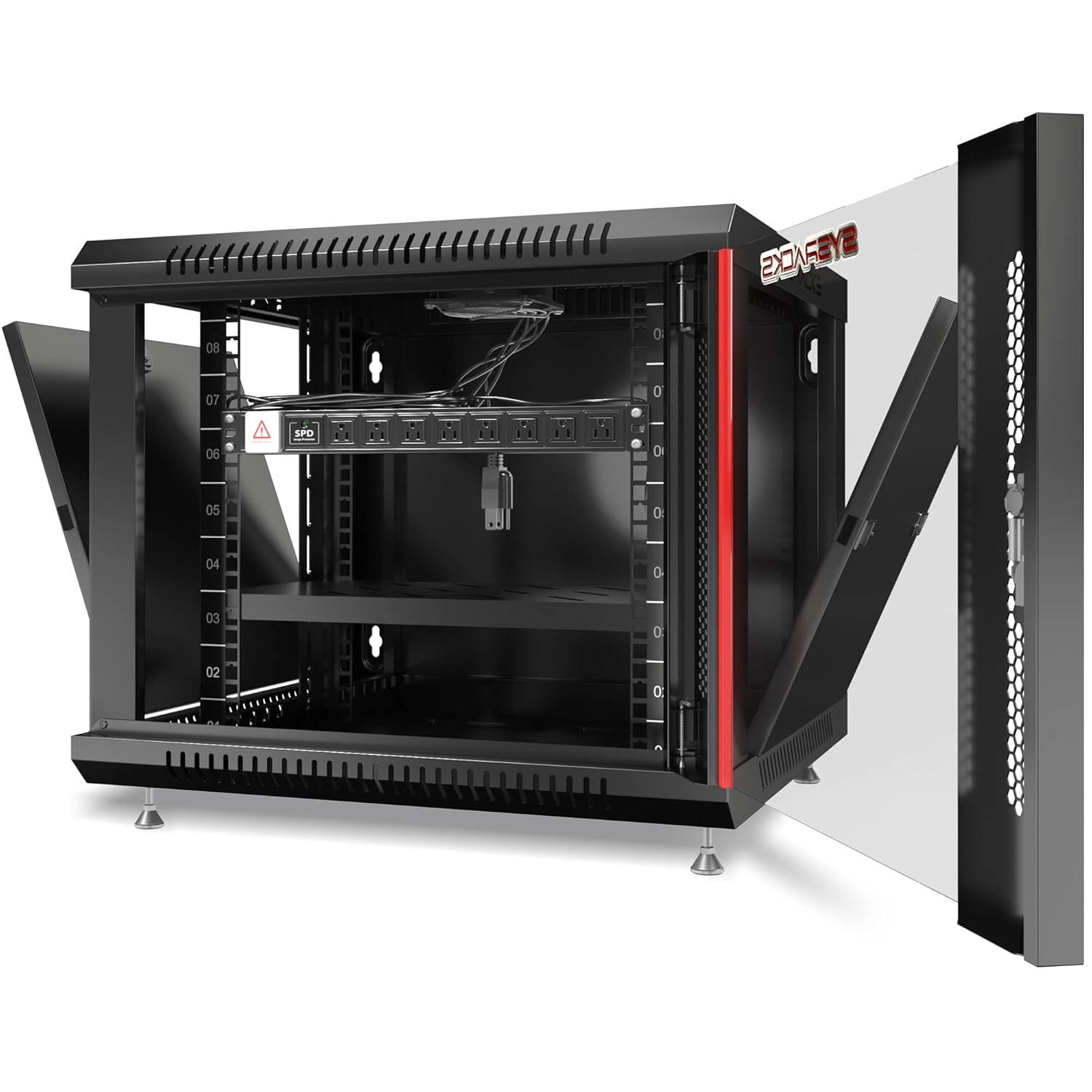 Server Rack - 9U - Server Cabinet - for - Network - Electronics - AV Rack - Equipment - Wall Mount Rack - on Feet with Locking Doors 8-Way Power Strip Shelf Fan - 24-inch Deep Sysracks (Black)