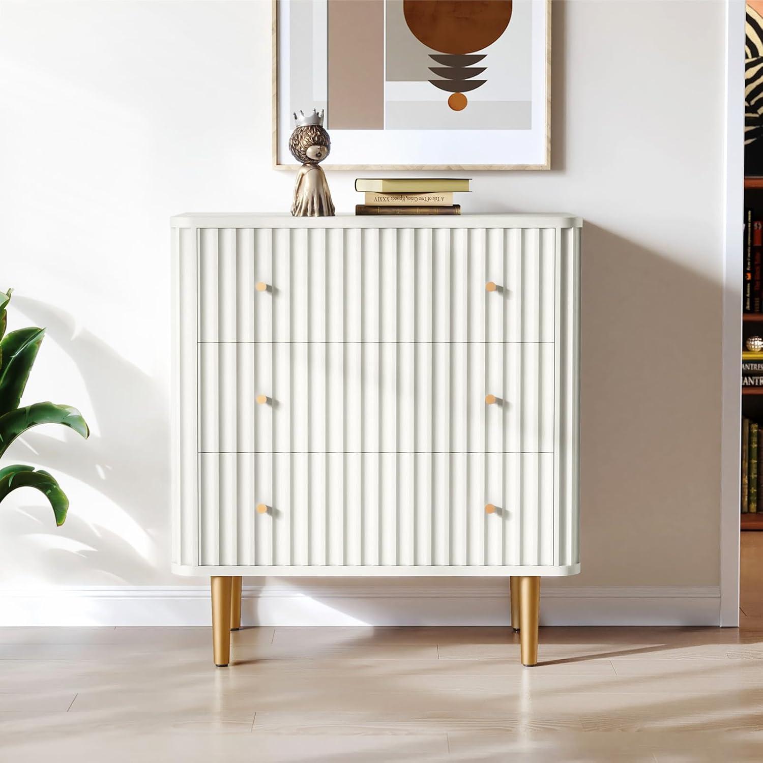 White Fluted 3-Drawer MDF Dresser with Gold Accents