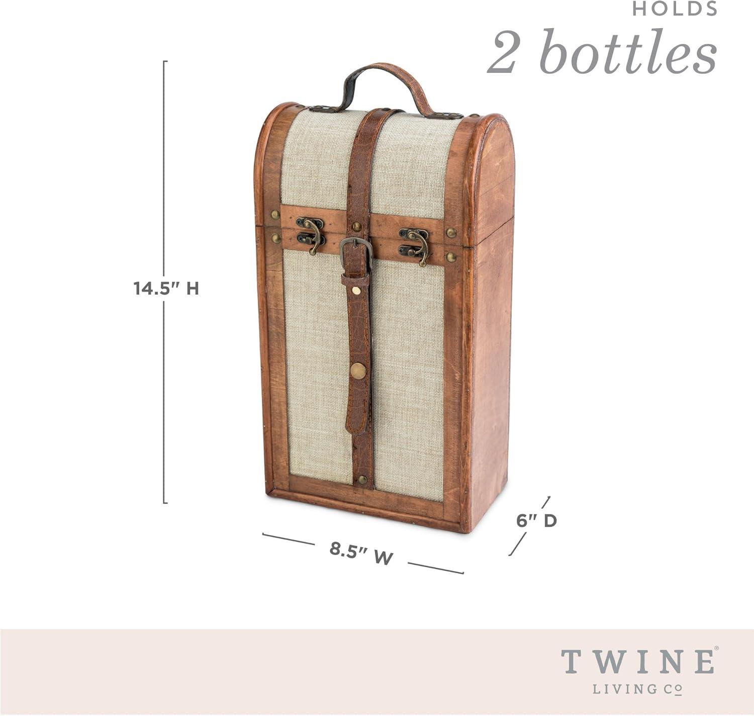 Twine Vintage Trunk Wine Bottle Gift Box, Wood Wine Box with Lid and Handle, Holds 2 Bottles, Wood, Faux Leather, Brass, Cloth