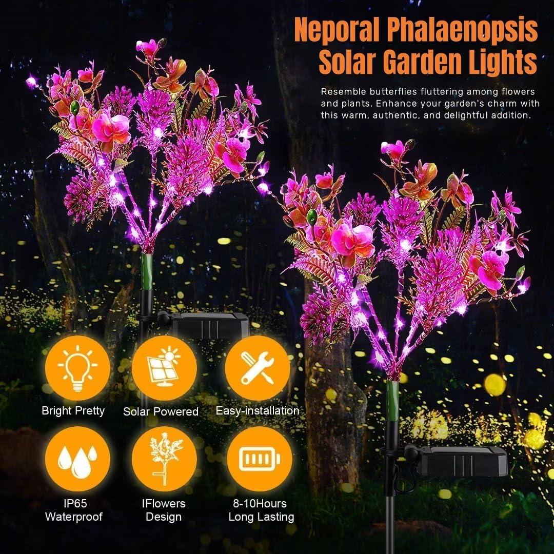 Neporal Garden Solar Lights Outdoor Waterproof IP65, 2PK Phalaenopsis Solar Flowers Solar Garden Lights Waterproof for Patio Decor, Yard Decor,Gardening Gifts for Women