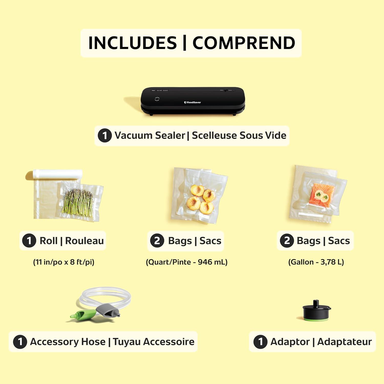FoodSaver Space-Saving Vacuum Sealer with Bags and Roll Black: Compact Food Savers Vacuum System, Plastic & Metal