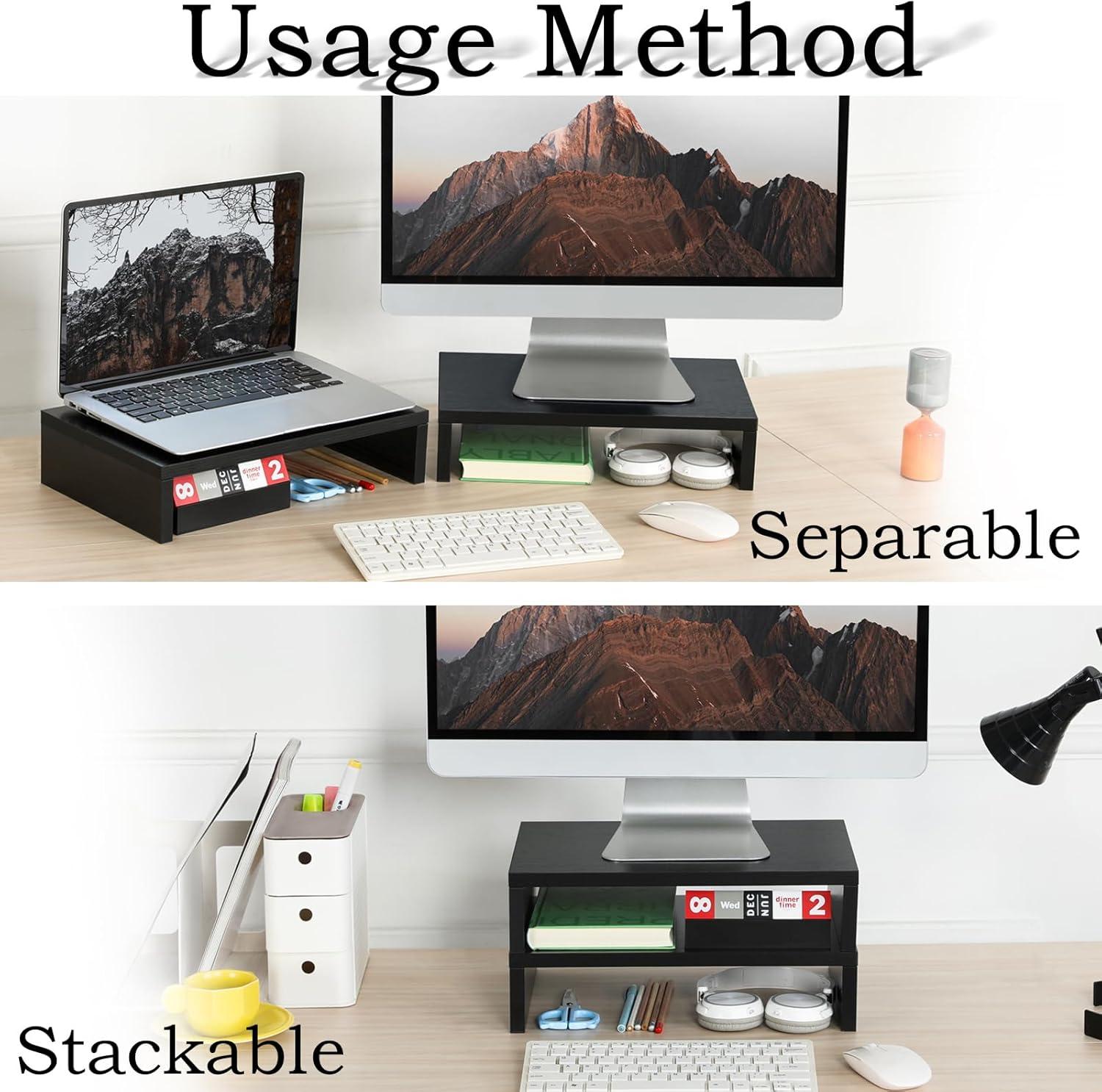 TEAMIX Wood Monitor Stand Riser-2 Pack, 2 Tier Adjustable Monitor Stand Dual Monitor Riser for 2 Monitors/Laptop/PC Black Computer Stand for Desk