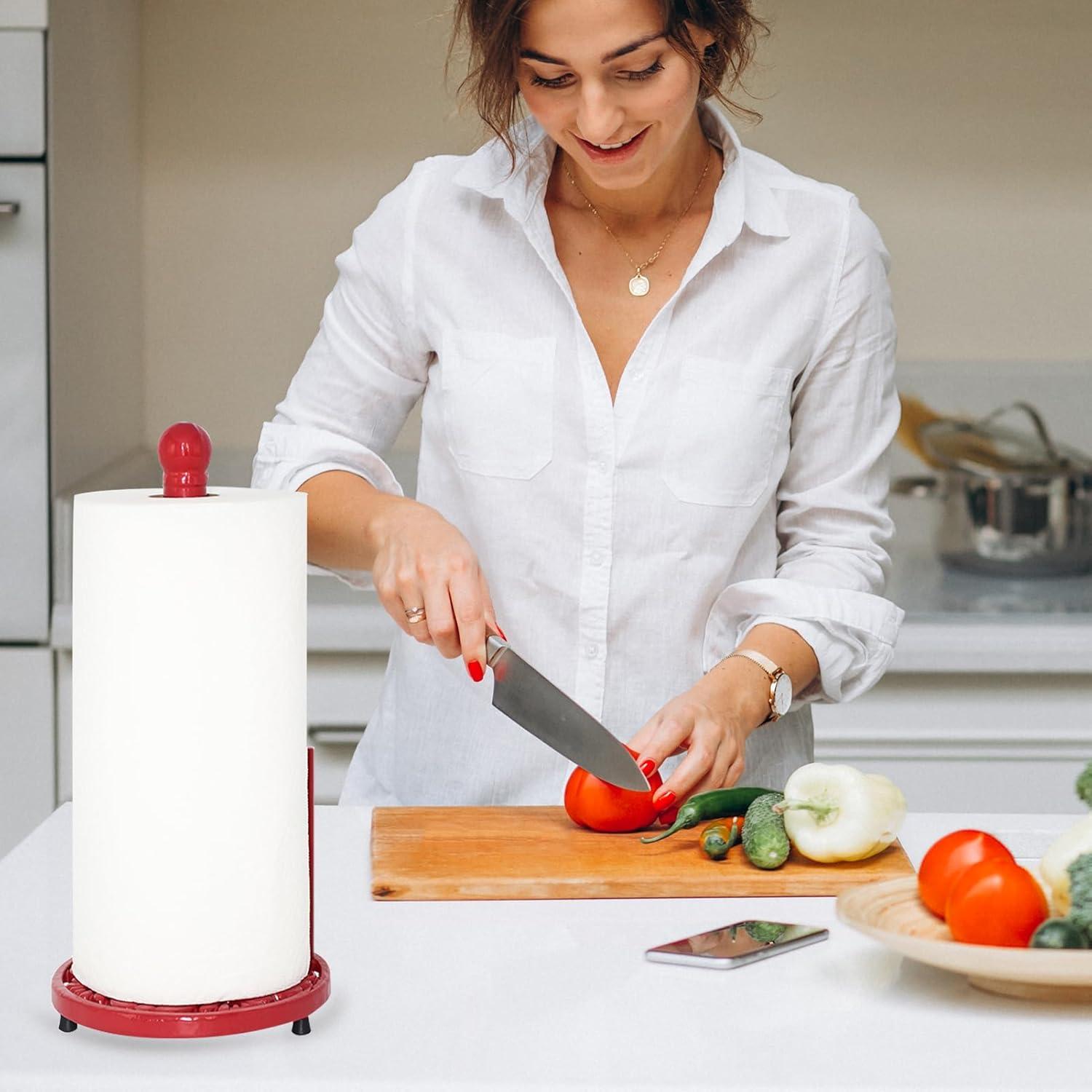 JOGREFUL Paper Towel Holder Stand, Cast Iron Kitchen Paper Towel Countertop Vintage Stand with Weighted-Base, Bathroom Organization for Family Standard Large Size Roll Paper, Mistletoe Base, Red