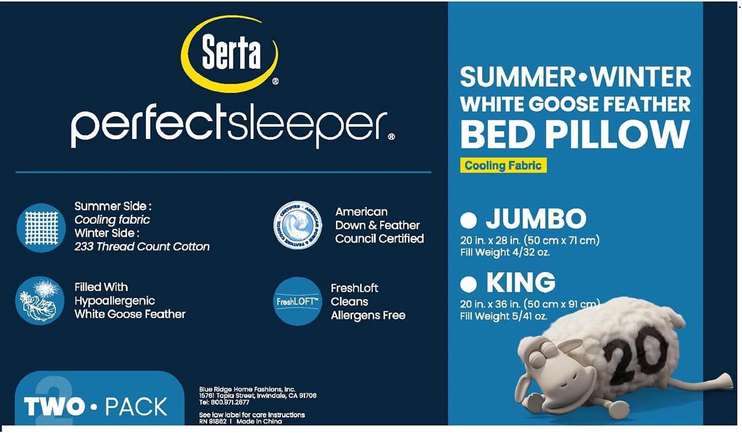 Serta 233 Thread Count Summer And Winter White Goose Feather Bed Pillow