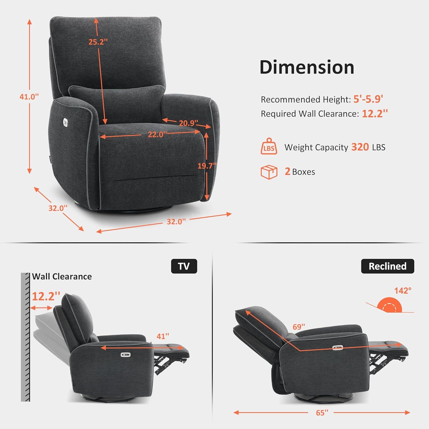 Swivel Glider Power Recliner Chair, Electric Rocker Recliner Chairs with USB Ports For Nursery, Fabric