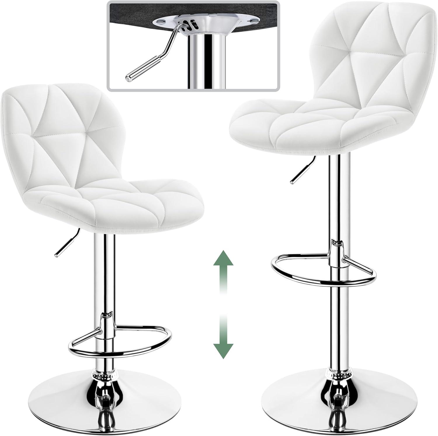Yaheetech Barstools Set of 2, PU Leather Counter Stools Bar Chairs with Backrest, Height Adjustable Swivel Tall Chairs for Home Bar Kitchen Island, White