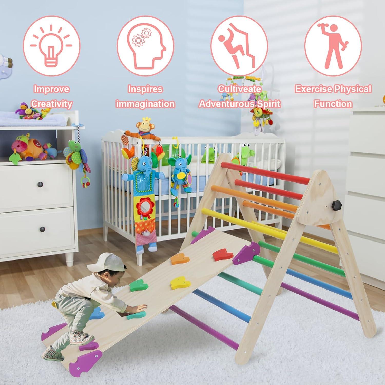 Pikler Triangle Set, 5 in 1 Toddler Climbing Toys Indoor Playground, Ramp, and Arch, Montessori Climbing Set with Triangle, Medium Size Wooden Climbing Gym for Toddlers 1-3 Years, Colorful