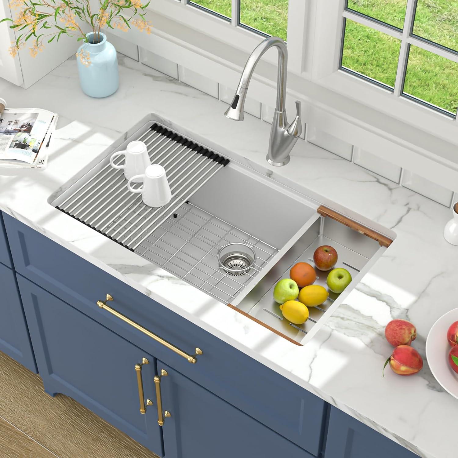 Lordear 33 Inch White Kitchen Sink Undermount Composite Granite Quartz Single Bowl Workstation 33x19x10 Inch Under Counter Kitchen Sinks
