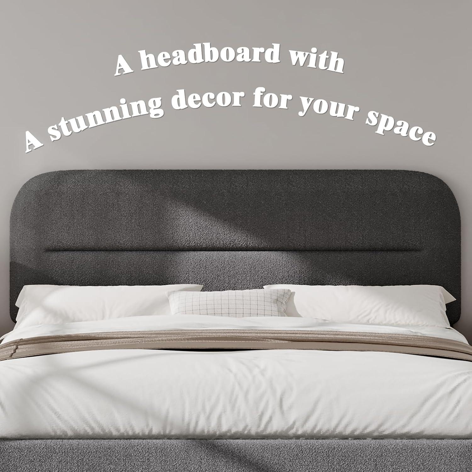 Manfred Boucle Upholstered Cloud Bed Frame with Rounded Corners Headboard, Soft Platform Bed Frame with Thickened Footboard