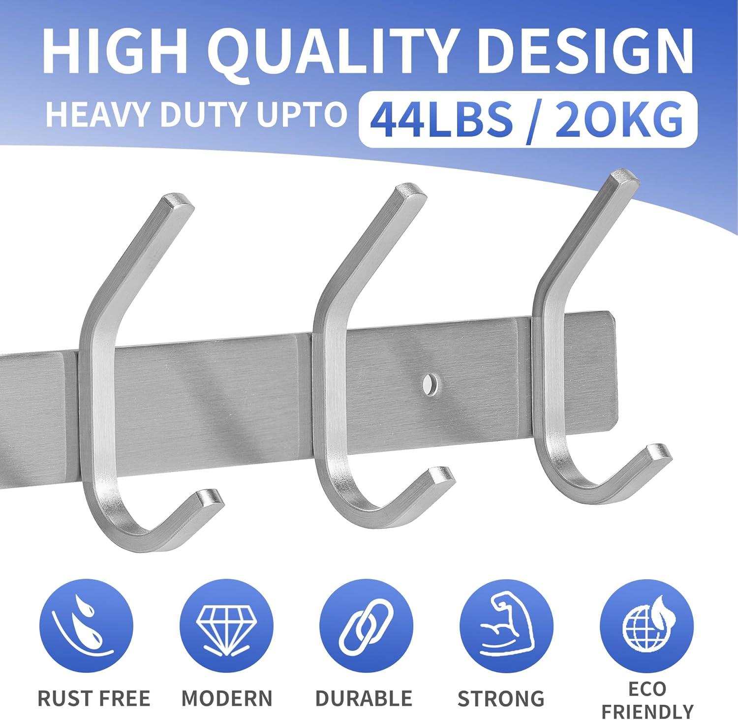 Silver Stainless Steel Wall Mounted Coat Rack with 6 Hooks (2 Pack)