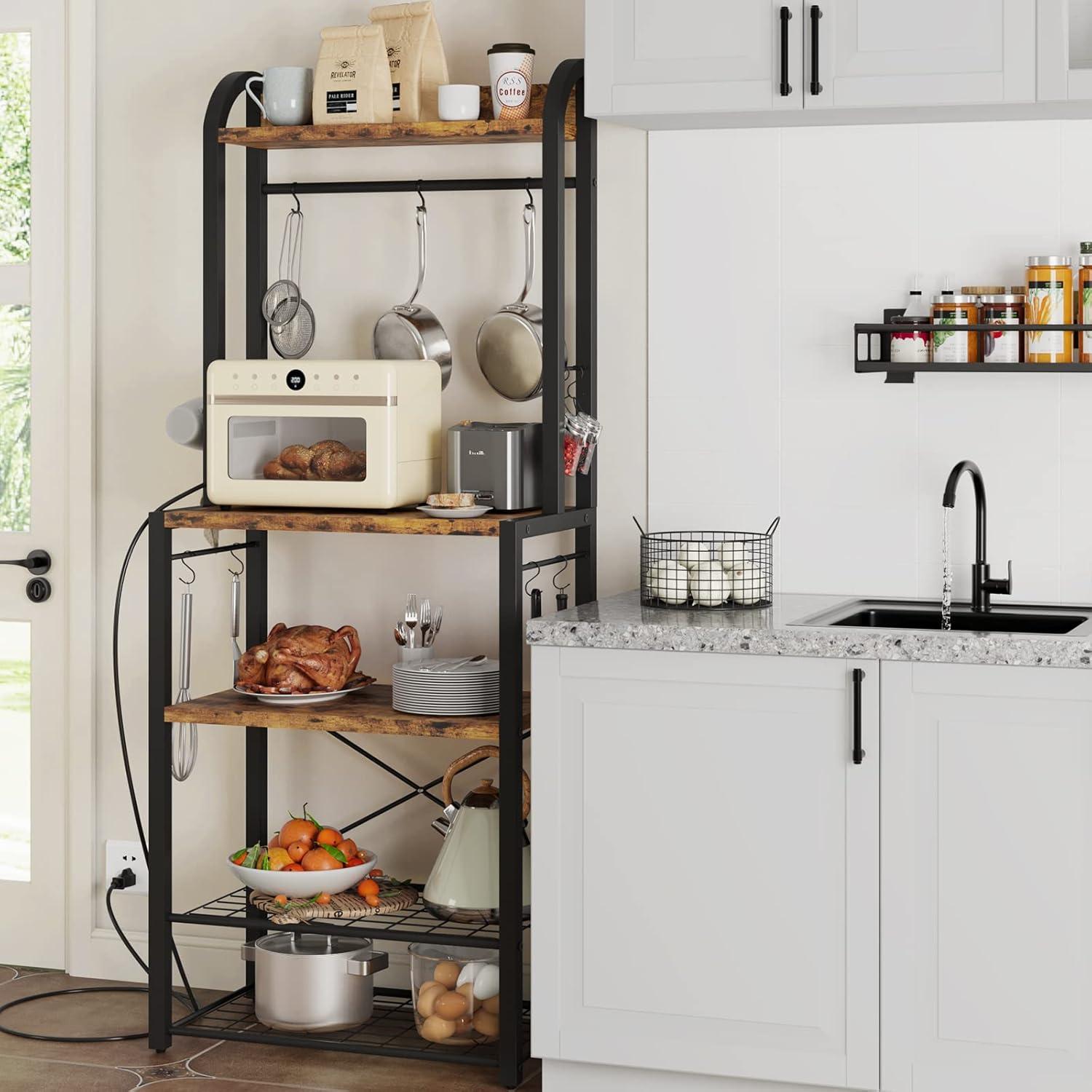 Whizmax Bakers Rack with Power Outlet, Industrial Microwave Stand, Coffee Bar Table Station with Metal Wire Panel, Kitchen Storage Rack with 8 Hooks, Rustic Brown