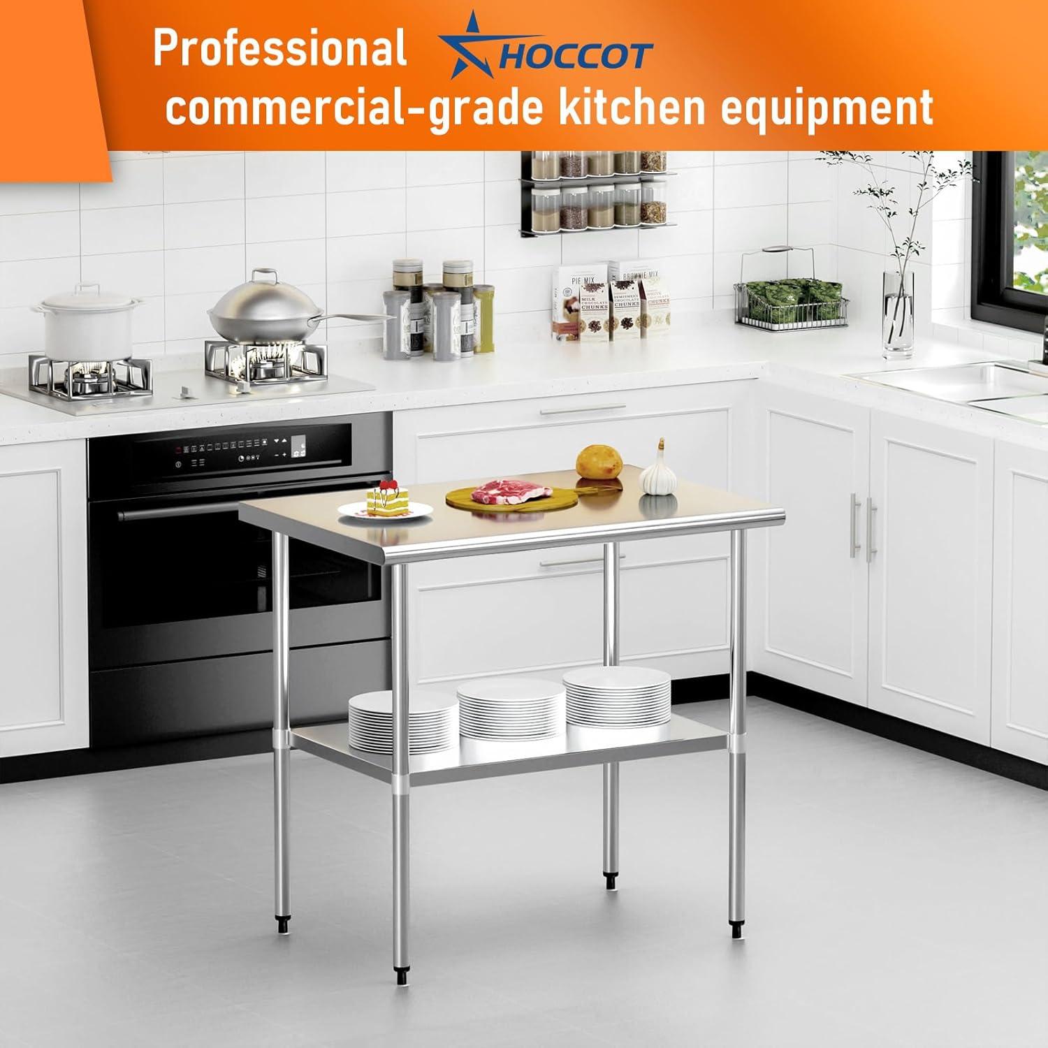 ROVSUN 36'' x 24'' Stainless Steel Table for Prep & Work, Metal Table with Undershelf for Kitchen Restaurant, Home