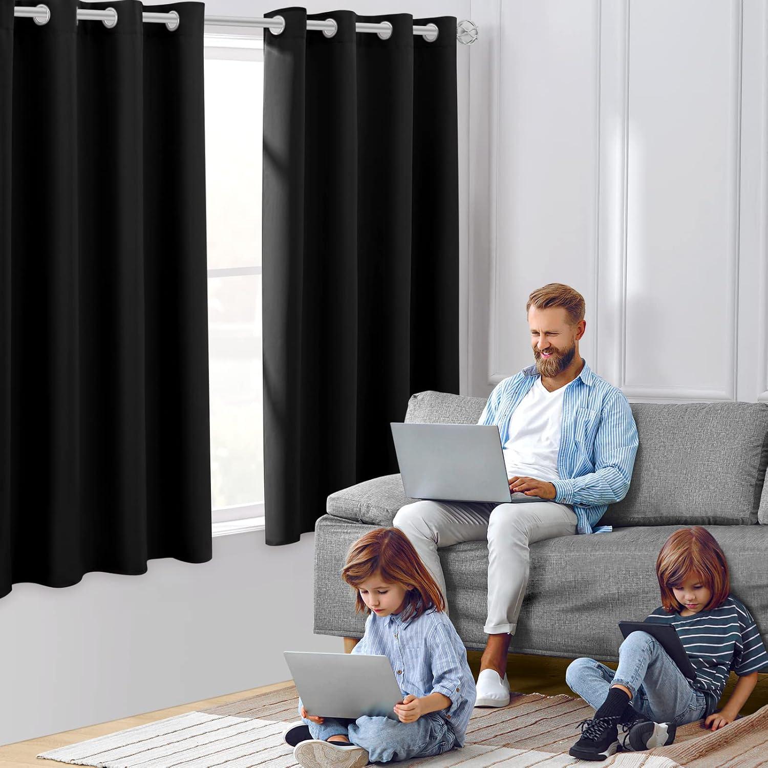 Coodeto Short Blackout Curtains Black, Set of 2, W52 x L63 - Blackout Curtains for Kitchen and Kids Bedroom