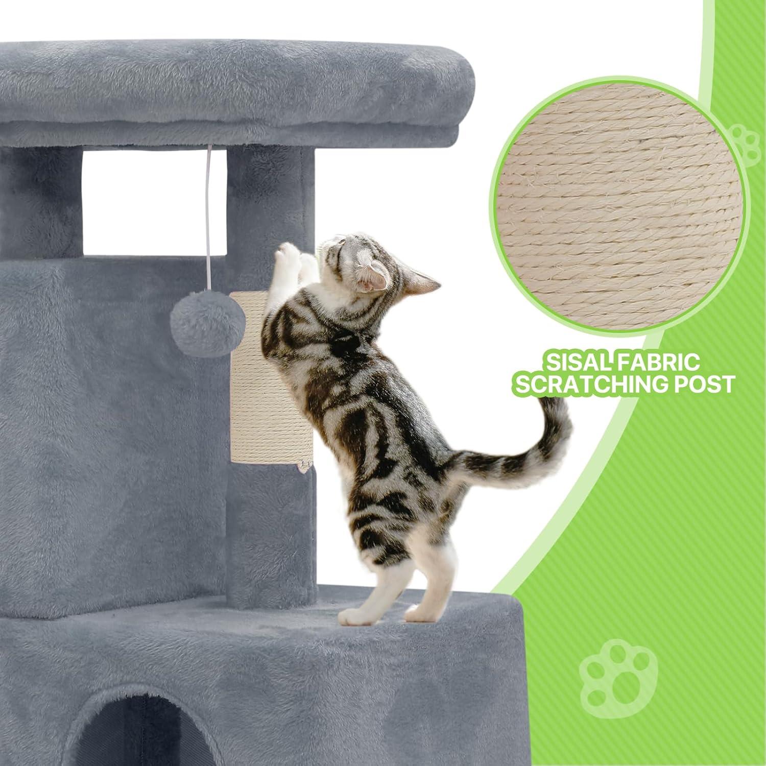 Magshion 34-in Cat Tree & Kittens Play House, Double Level Plush Cat Condo for Indoor Cats, Light Gray