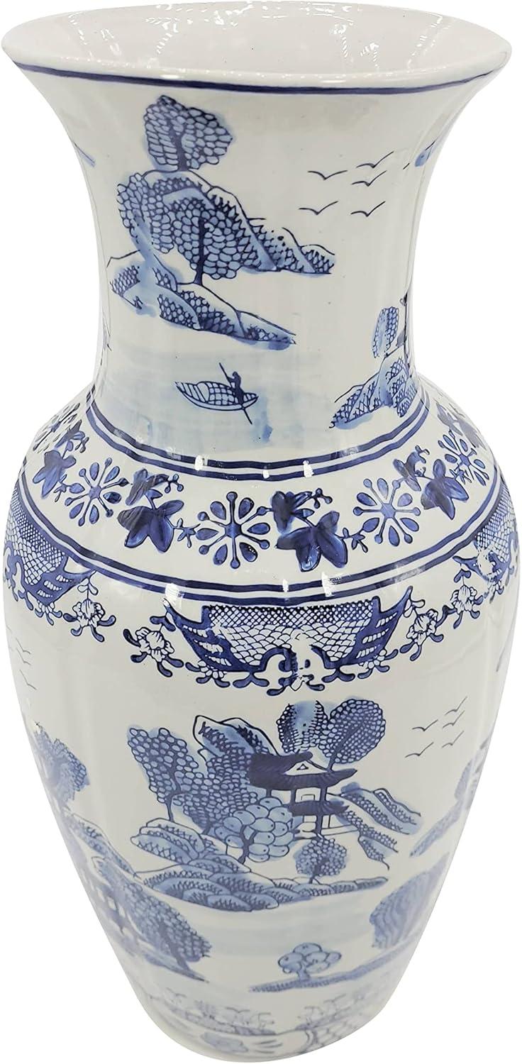 18" Blue and White Ceramic Chinoiserie Vase