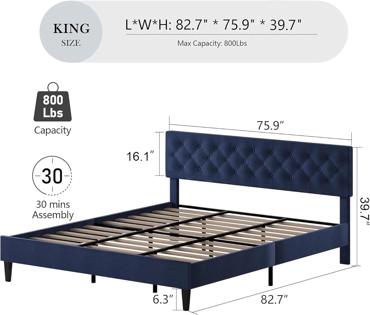 King Size Bed Frame, Upholstered Platform Bed Frame King with Button Tufted Headboard, Wooden Slats Support, No Box Spring Required, Easy Assembly, Navy Blue