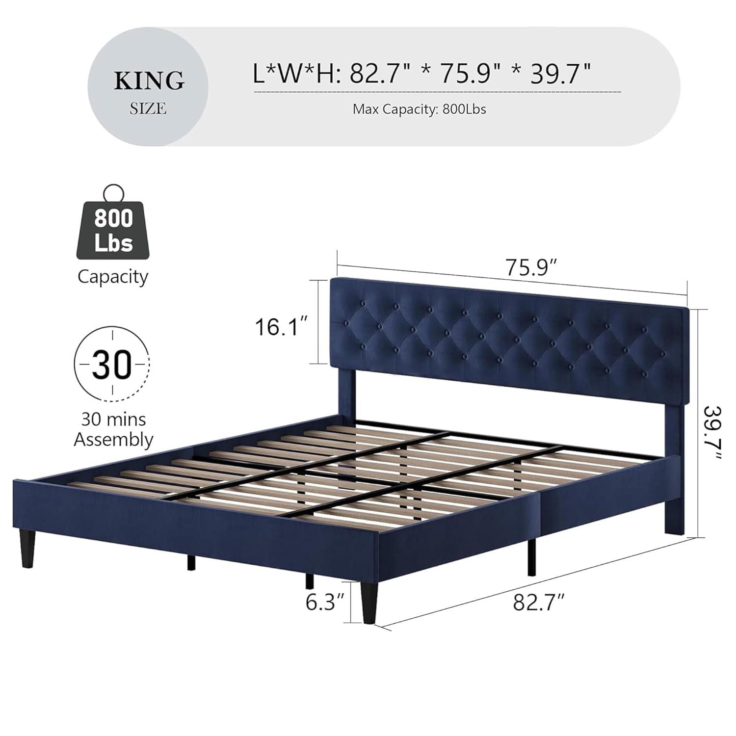 King Size Bed Frame, Upholstered Platform Bed Frame King with Button Tufted Headboard, Wooden Slats Support, No Box Spring Required, Easy Assembly, Navy Blue
