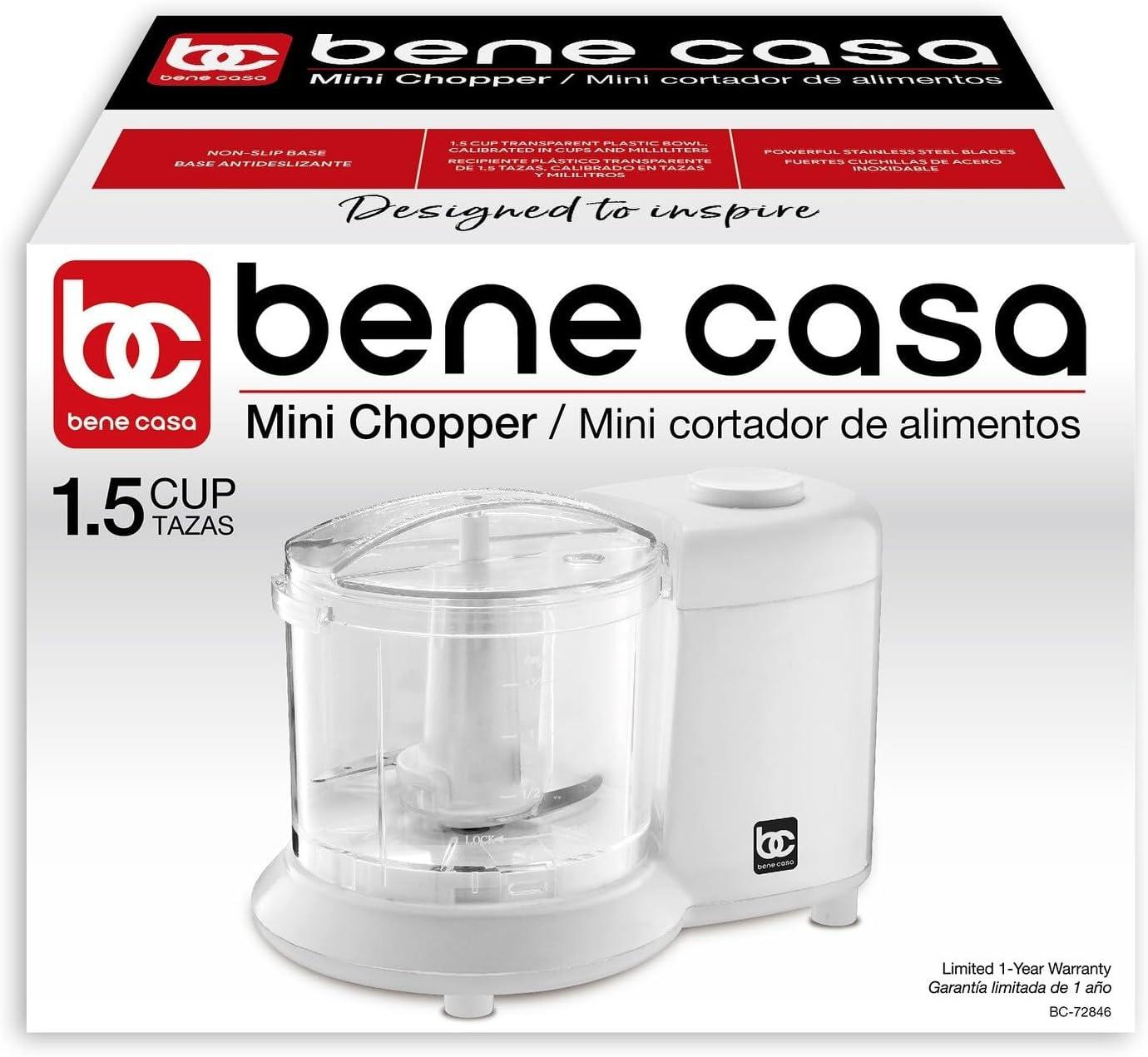 Bene Casa Mini Chopper in white, stainless-steel blade mini chopper, pule control, dishwasher safe chopper, mincer, dicer, powerful motor