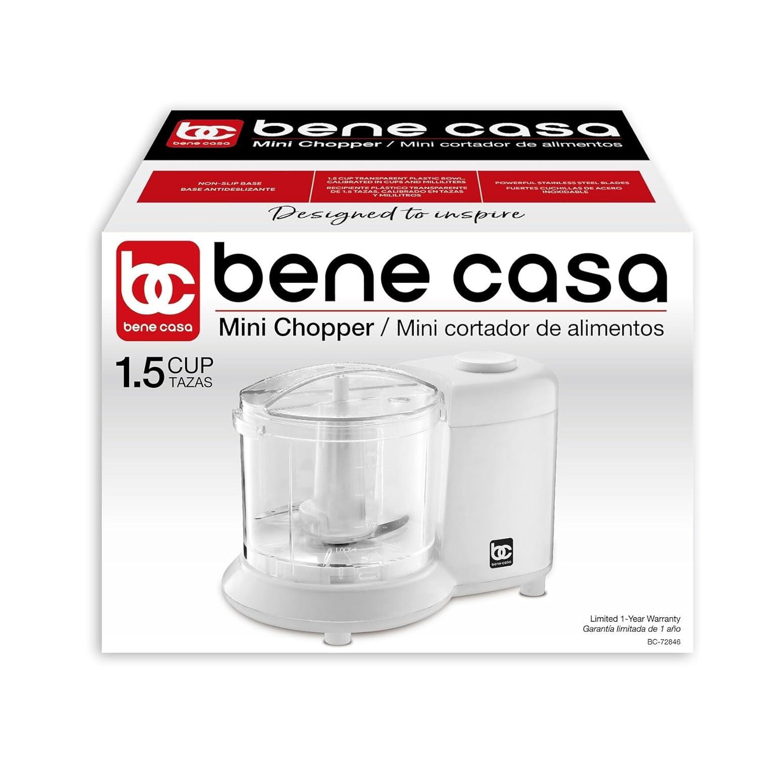 Bene Casa Mini Chopper in white, stainless-steel blade mini chopper, pule control, dishwasher safe chopper, mincer, dicer, powerful motor