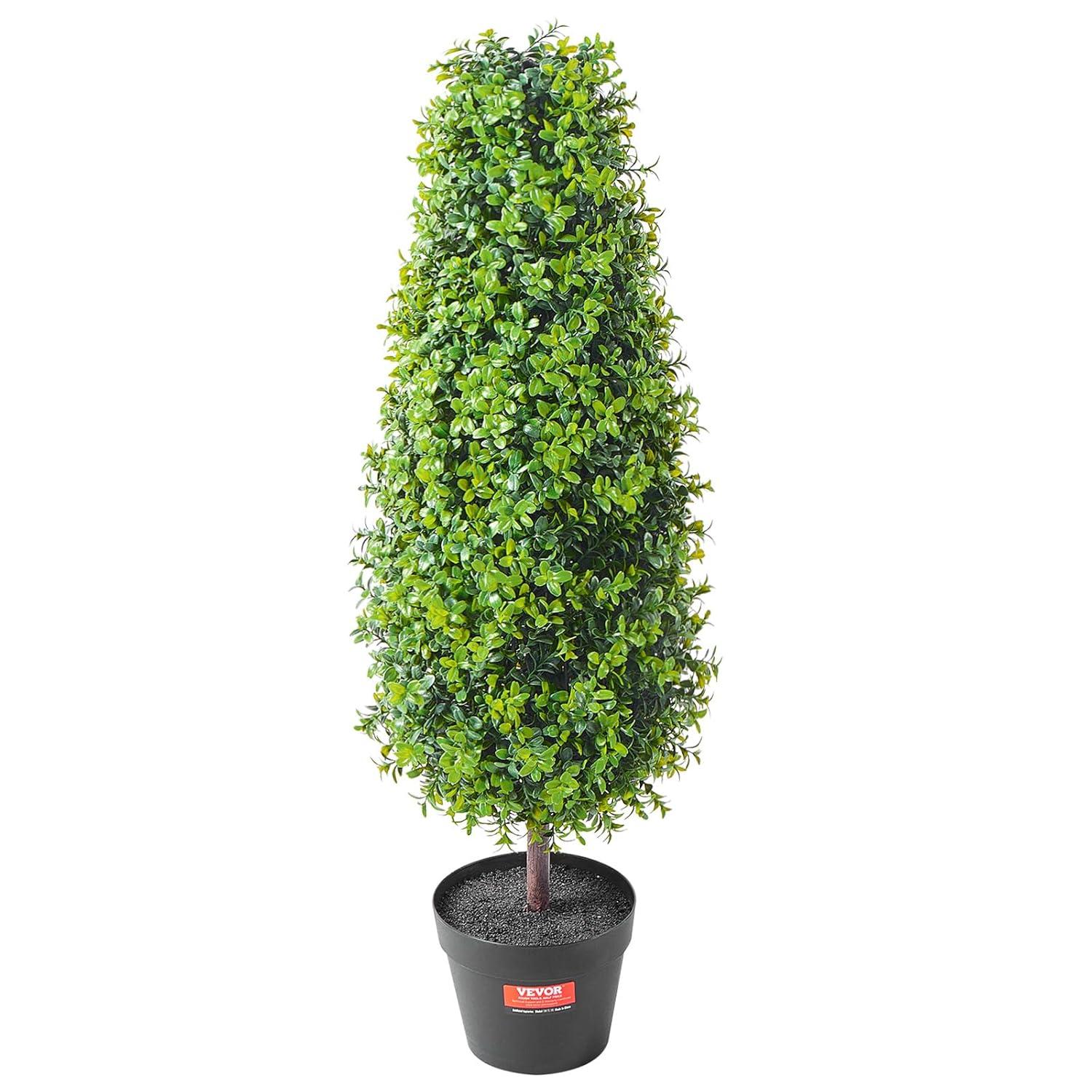 VEVOR Artificial Boxwood Topiary Tree, 36 inch Tall (2 Pieces), Faux Topiary Trees, Green Faux Plant w/Extra Leaves & Pot & Small Decoration, UV Rated Greenery Set for Home Decor Indoor/Outdoor