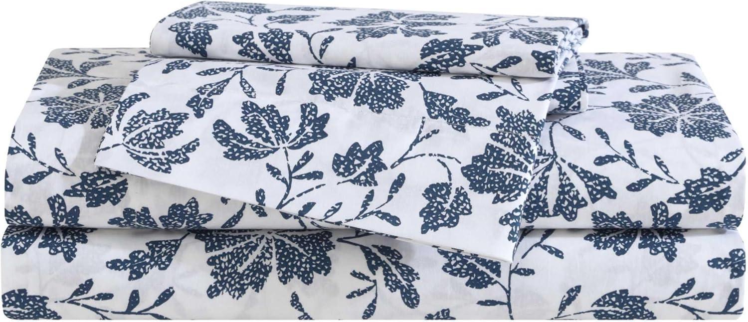 Queen Blue Floral Cotton Percale Deep Pocket Sheet Set