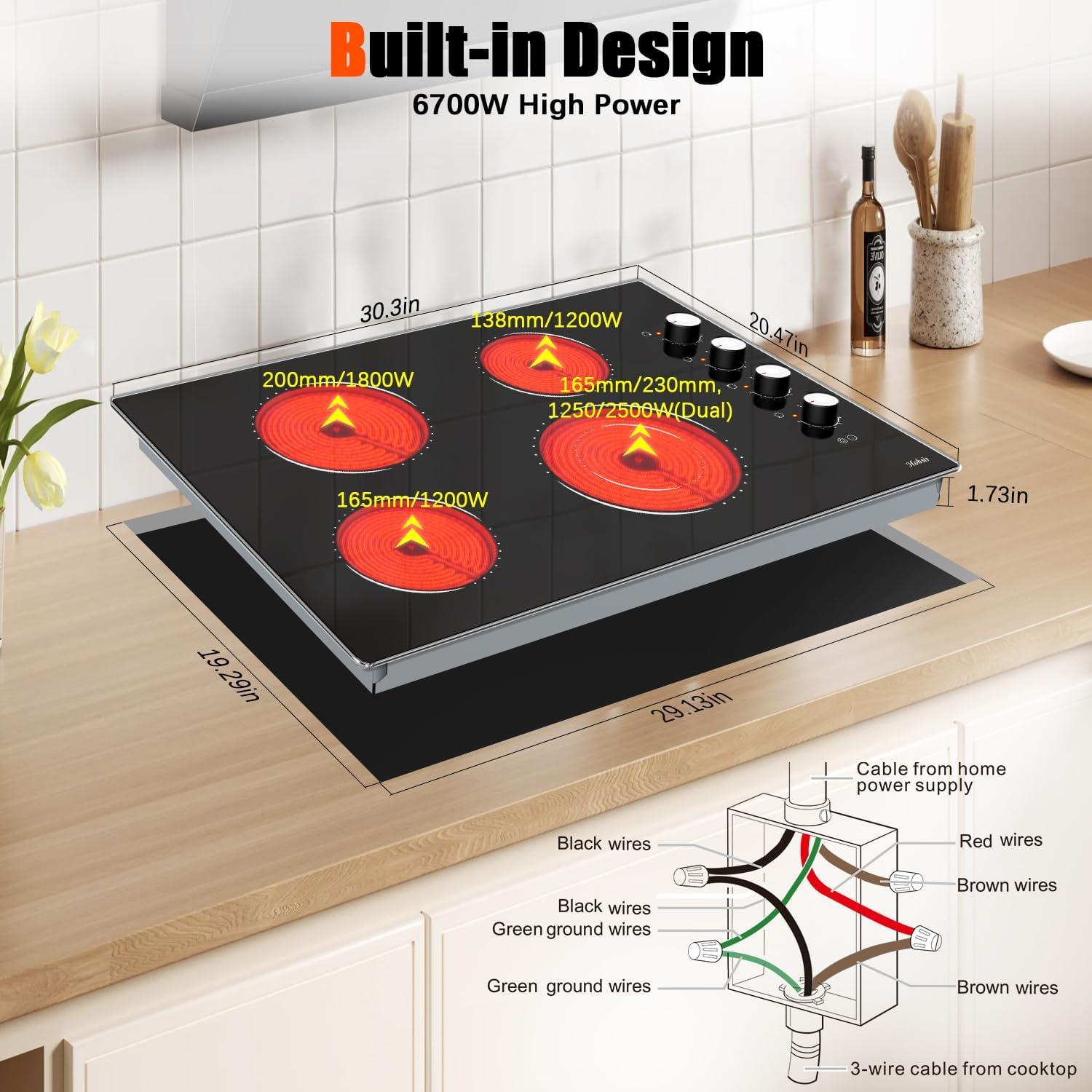 30 Inch Black Ceramic 4-Burner Electric Cooktop with Knob Control