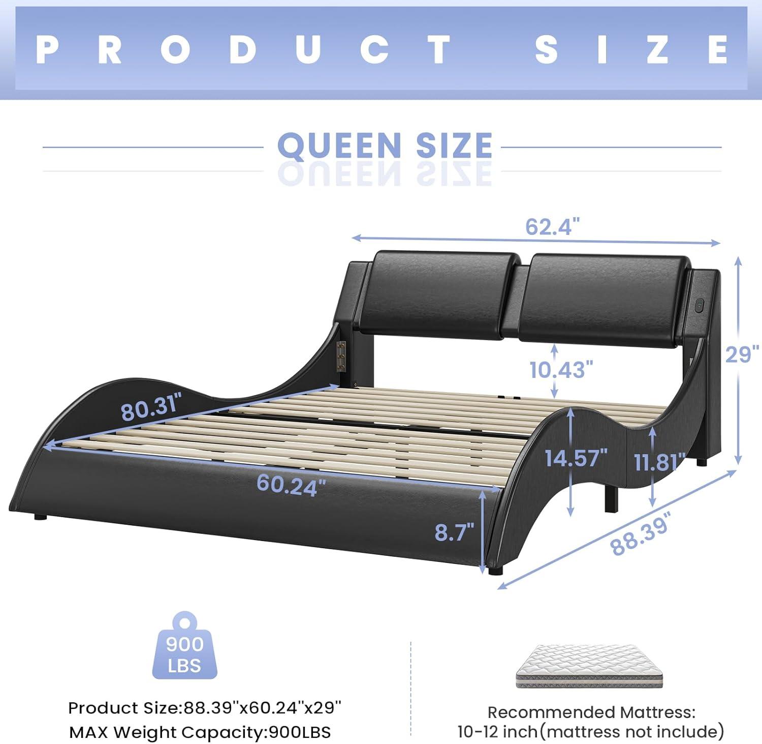 Queen Bed Frame Wave Like Curve Upholstered Platform Bed Frame with RGB Led Lights Underneath, Strong Wood Slats Support,Black