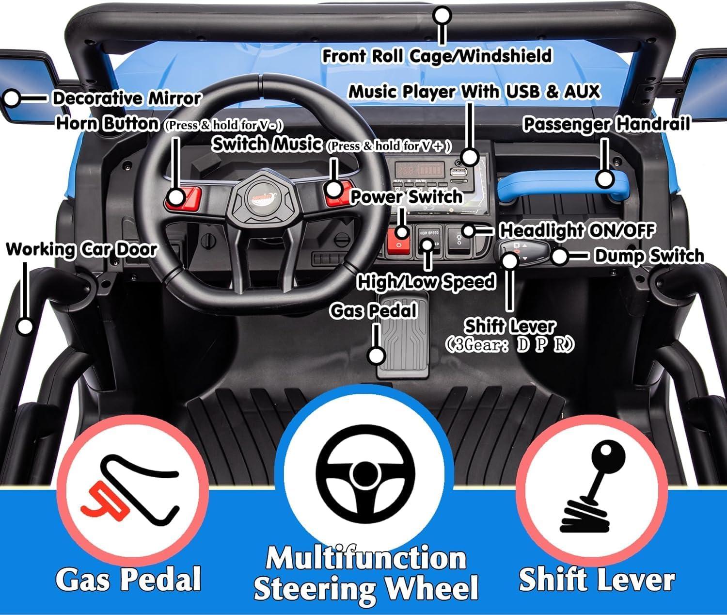 VIBESPARK 24 Volt Ride on Toys with Dump Bed, 2-Seater Ride on Dump Truck, 2×200W Electric Car for Kids Ride on UTV w/ Remote Control, Shovel, Bluetooth, Music, LED Light, 5MPH, Blue