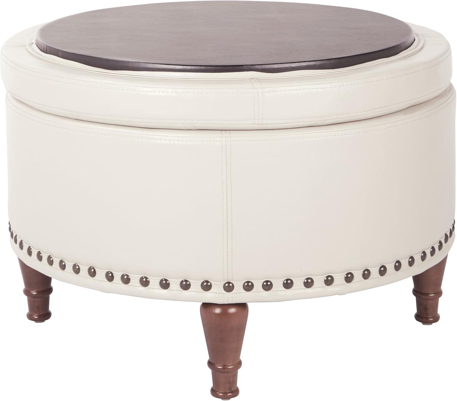 YUMIAO OSP Home Furnishings Alloway Storage Ottoman with Antique Bronze Nailheads, Cream Faux Leather