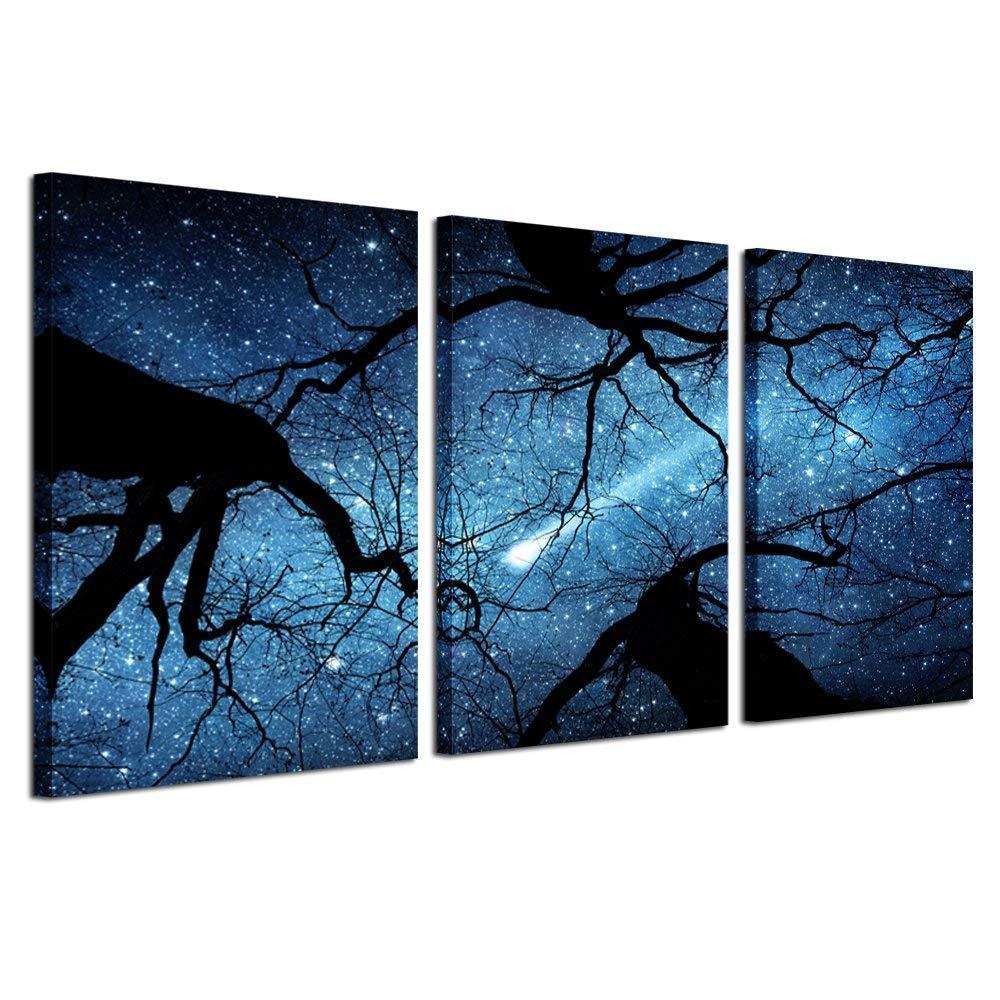 KREATIVE ARTS Night Starry Sky Surrounded Trees Forest Canvas Wall Art Prints Landscape Canvas Picture Wall Decal Home Decoration Ready to Hang 16x24nichx3pcs
