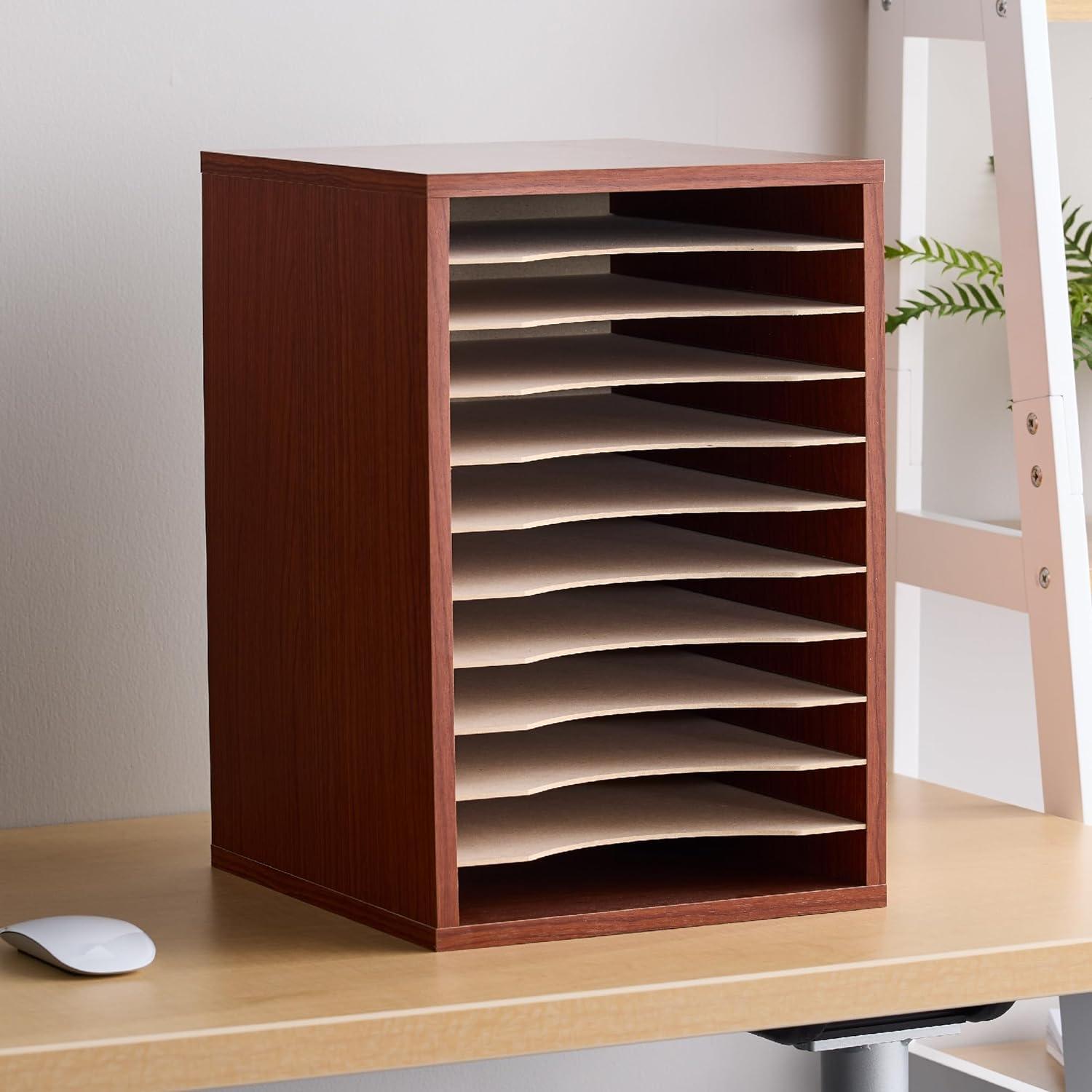 Cherry Wood 11-Compartment Desktop Organizer with Adjustable Shelves