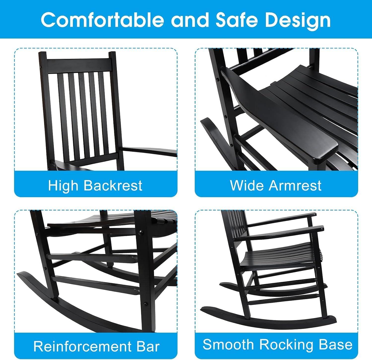 Comfortable Black Wooden Rocking Chair with Wavy Backboard - 68.5*86*115CM for Relaxation in Living Room or Patio