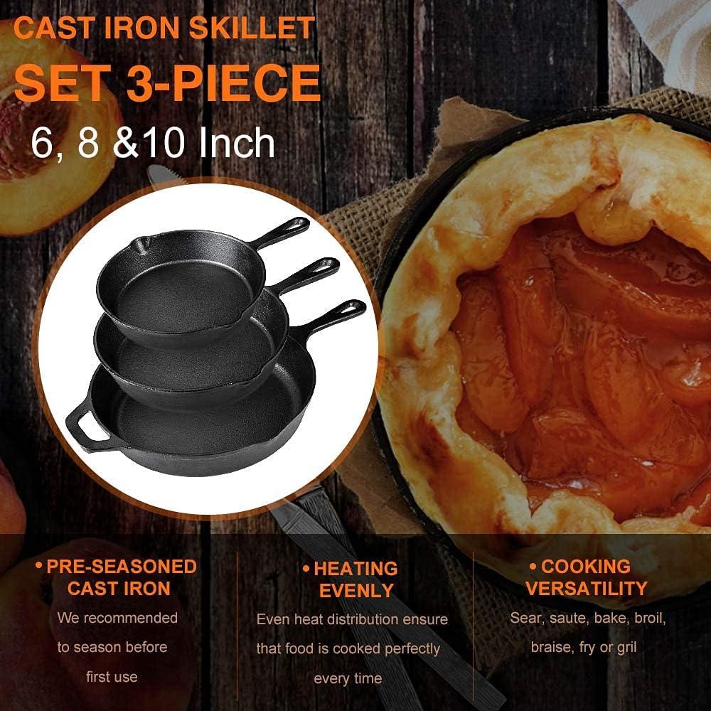 Pre-Seasoned Cast Iron Skillet Set of 3 | 6", 8" & 10" Cast Iron Frying Pans with 3 Heat-Resistant Holders - Indoor and Outdoor Use - Oven Grill Stovetop Induction Safe Cookware