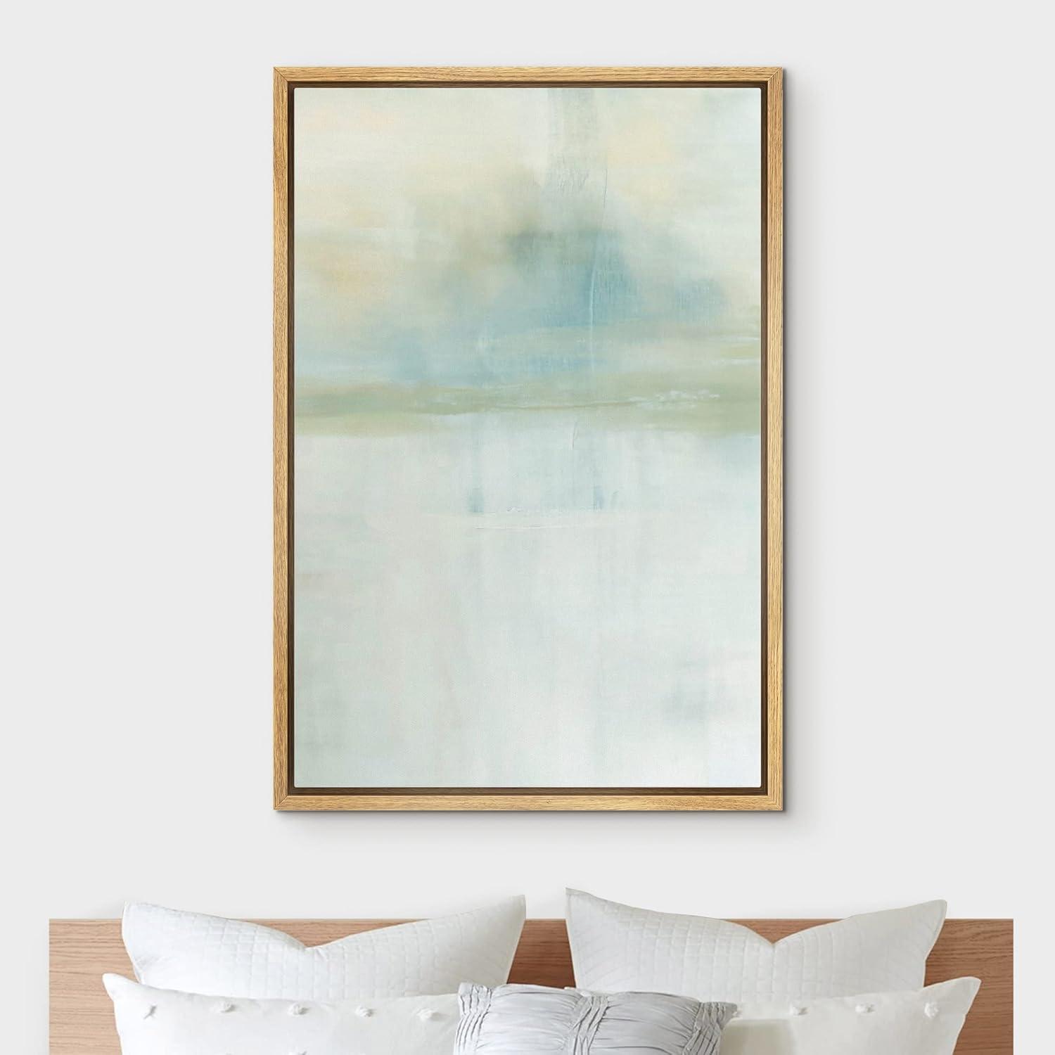 Teal and Gray Abstract Landscape Canvas Print with Natural Frame, 24"x36"