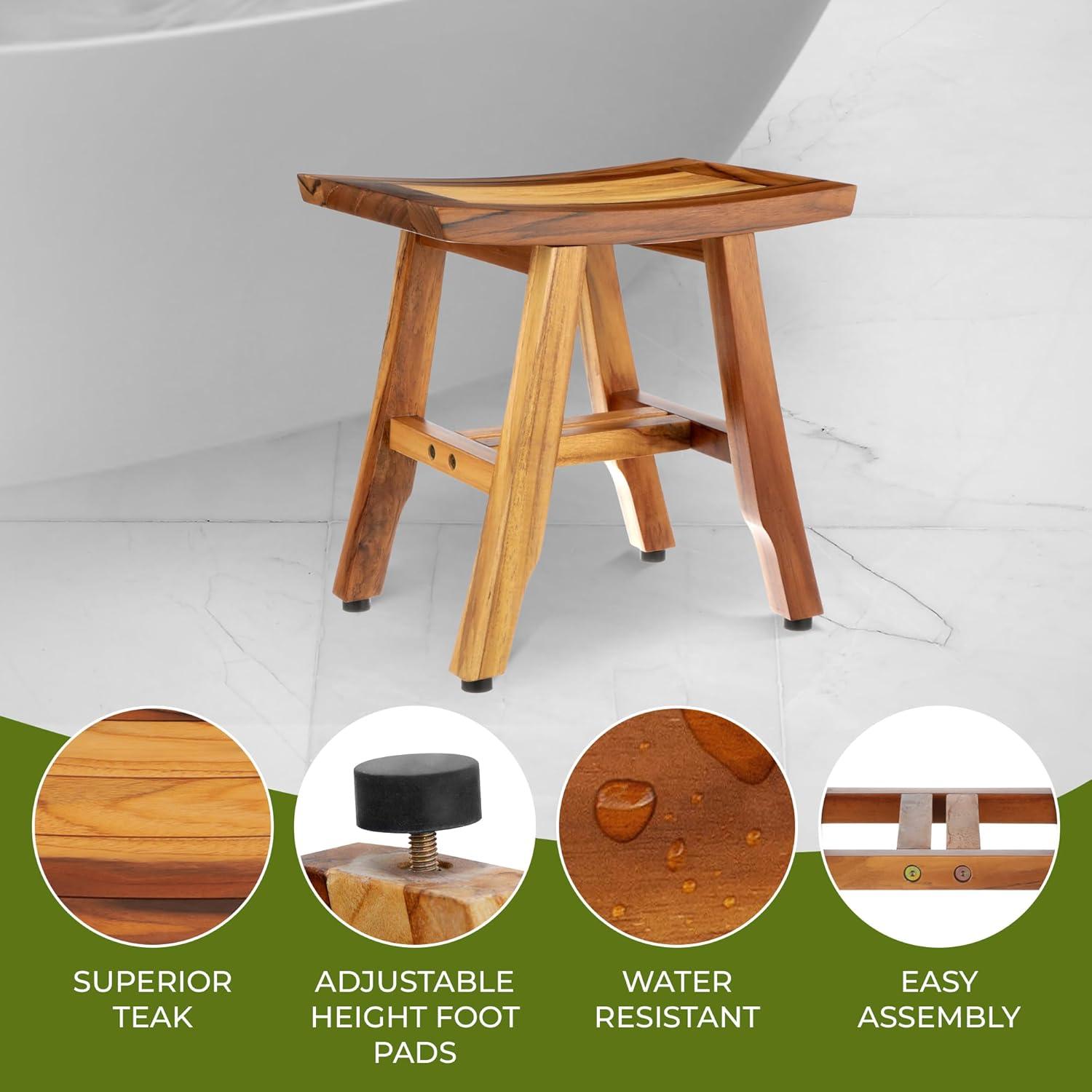 EcoDecors® Satori® 14" Solid Teak Shower Bench, Water-Resistant Bath Stool with Adjustable Feet, EarthyTeak Finish, Indoor/Outdoor Use