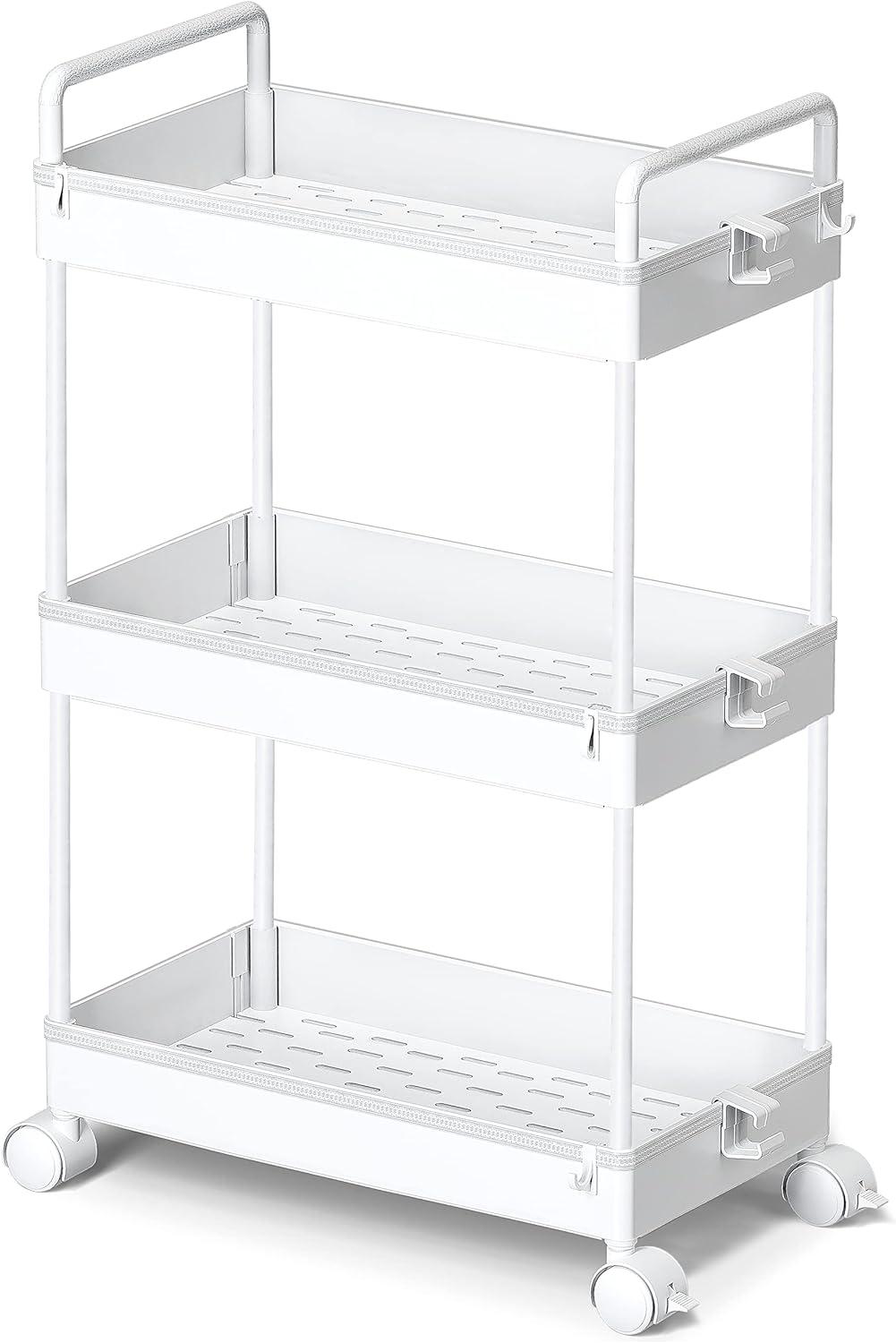 3 Tier Classic Storage Rolling Cart Slim Storage Cart with Wheels Slide Out Storage Rolling Cart Organizer Plastic for Bathroom Laundry, White