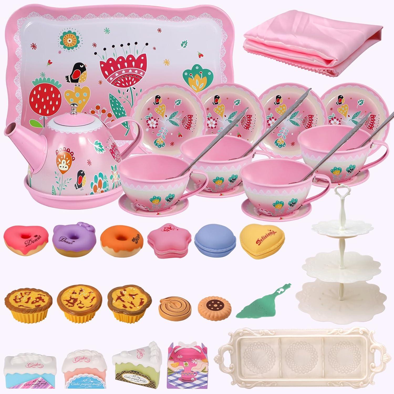 PRE-WORLD Tea Party Set for Little Girls, Princess Tea Time Toy Including Dessert,Cookies,Doughnut,Teapot Tray Cake, Tablecloth & Carrying Case,Kids Kitchen Pretend Play for Girls Boys Age 3-6