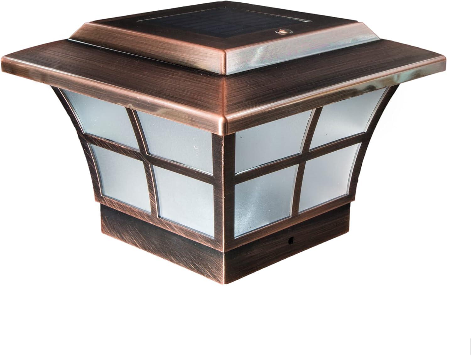 Copper LED Solar Post Cap with Frosted Glass Panels