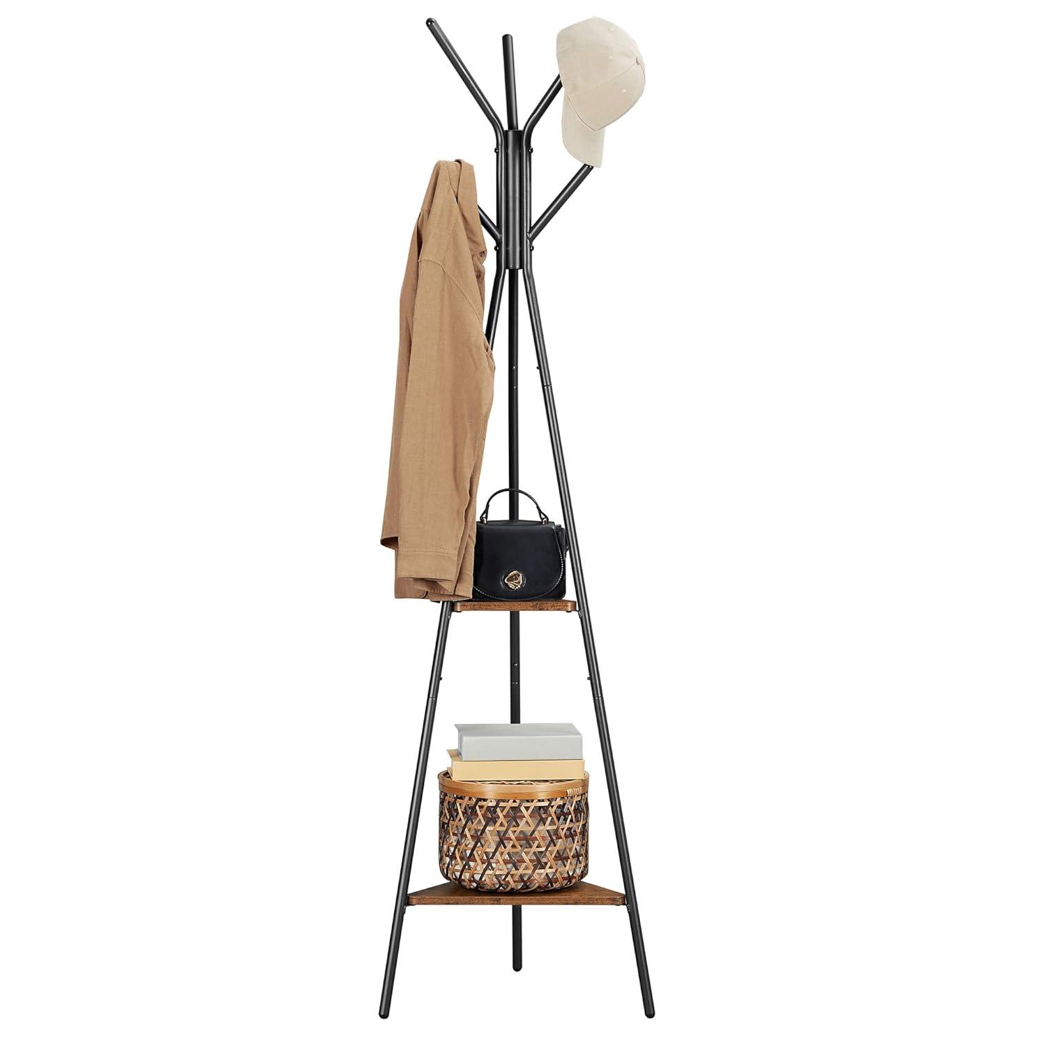 Coat Rack Freestanding Coat Hanger Stand Hall Tree with 2 Shelves for Clothes Hat Bag Rustic Brown and Black