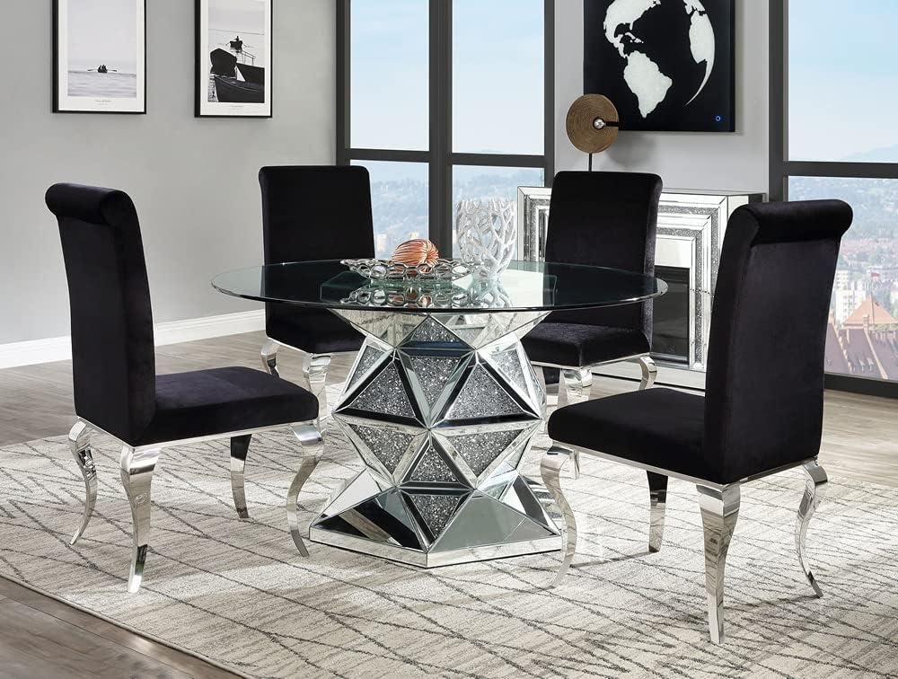 Contemporary 52" Round Wood & Glass Dining Table with Mirrored Pedestal