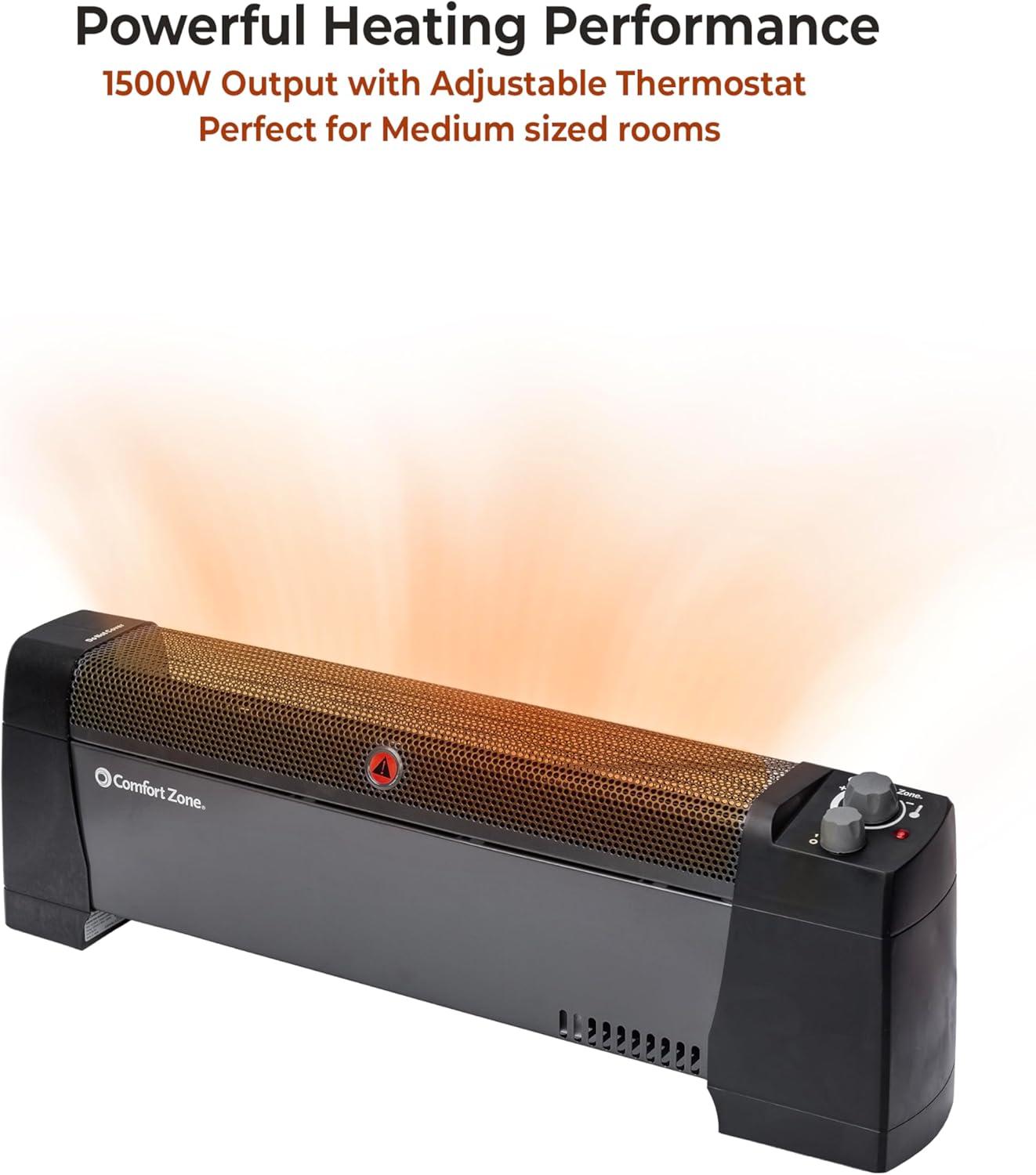 Comfort Zone Electric Baseboard Space Heater with Adjustable Thermostat, Dent-Proof Panels, Overheat Protection, Tip-Over Switch, & Stay-Cool Body, Ideal for Home, Bedroom, & Office, 1,500W, CZ600BK