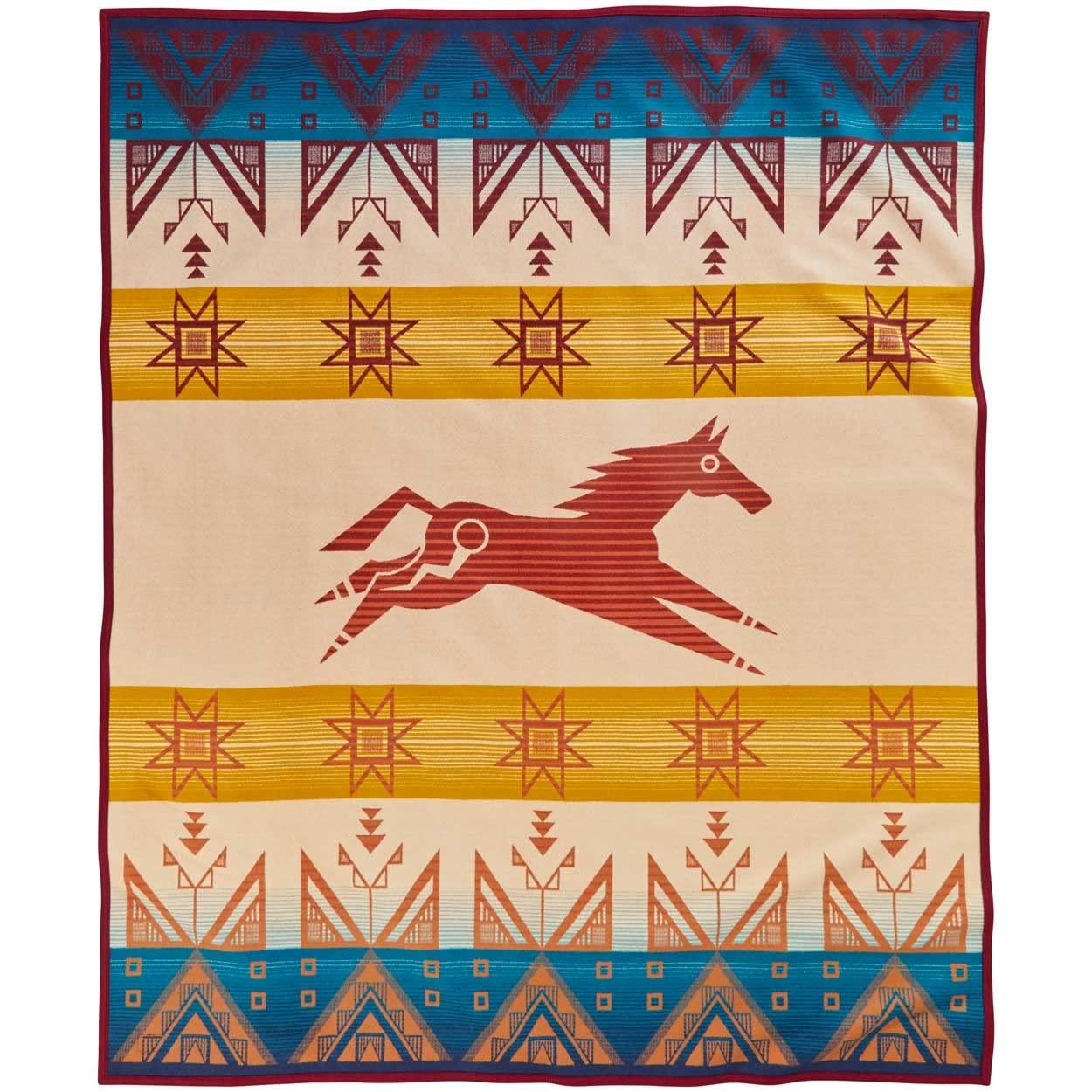 Twin Size Red and Blue Wool Blanket with Geometric Patterns