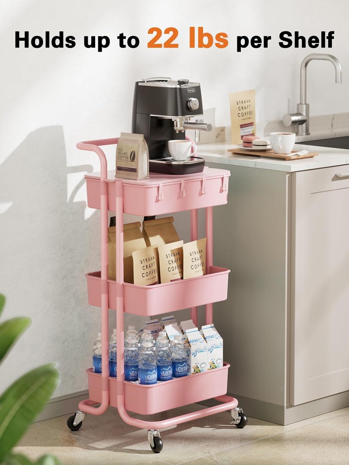 Pink 3-Tier Metal and Plastic Rolling Storage Cart with Tabletop