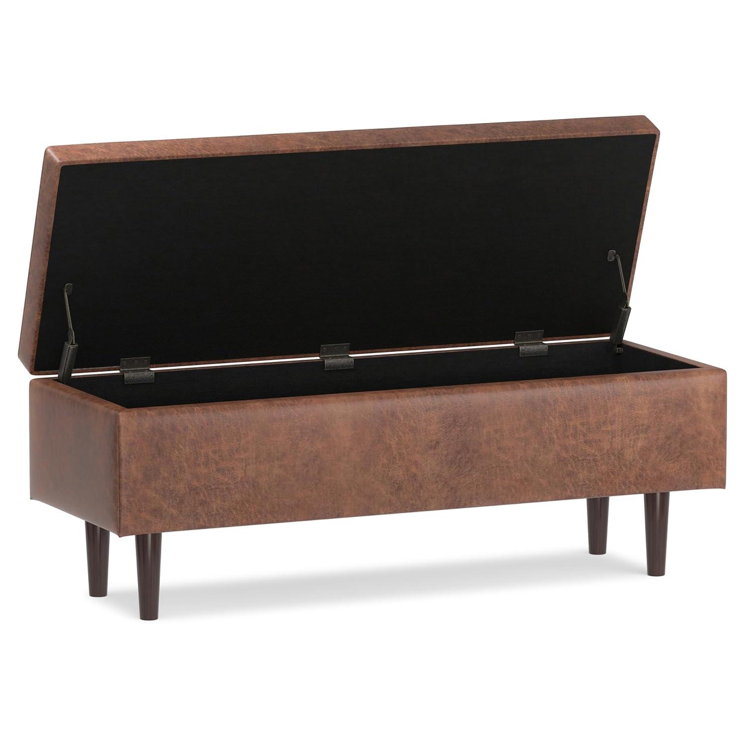 Simpli Home Shay 48 inch W. Modern Storage Ottoman in Distressed Saddle Brown Faux Leather