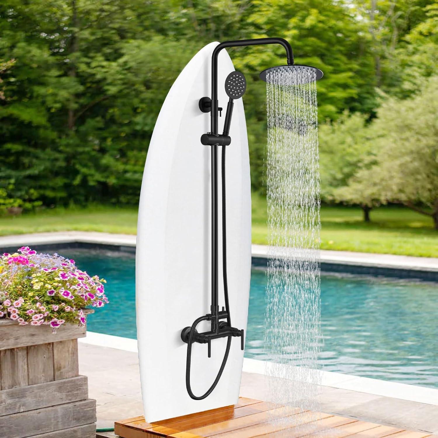 gotonovo SUS304 Outdoor Shower Fixture High Pressure Shower System Wall Mount 2 Dual Function Single Handle Shower Kit with 8 Inch Shower Head and Handheld Spray Shower Faucet Combo, Matte Black