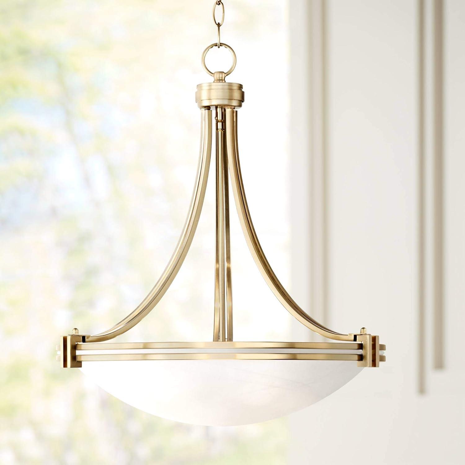 Art Deco Inspired Warm Brass and White Glass Bowl Pendant Chandelier