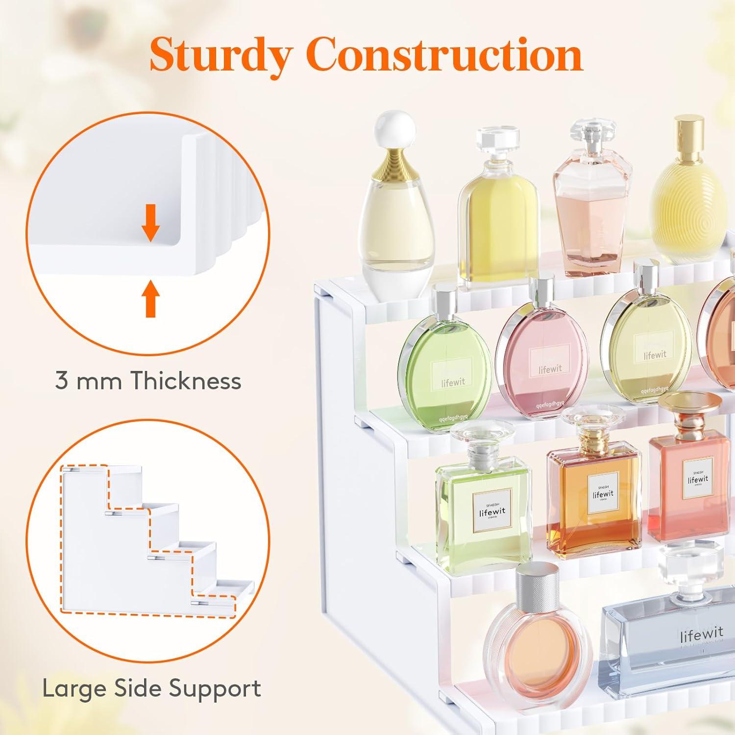 Lifewit 4 Tier Clear Display Risers Stand With Decorative Fences, Plastic 12 Inch Perfume Organizer, Display For Figures, Cupcake, Dessert, Desktop Stand For Organization And Decor, 1 Pack