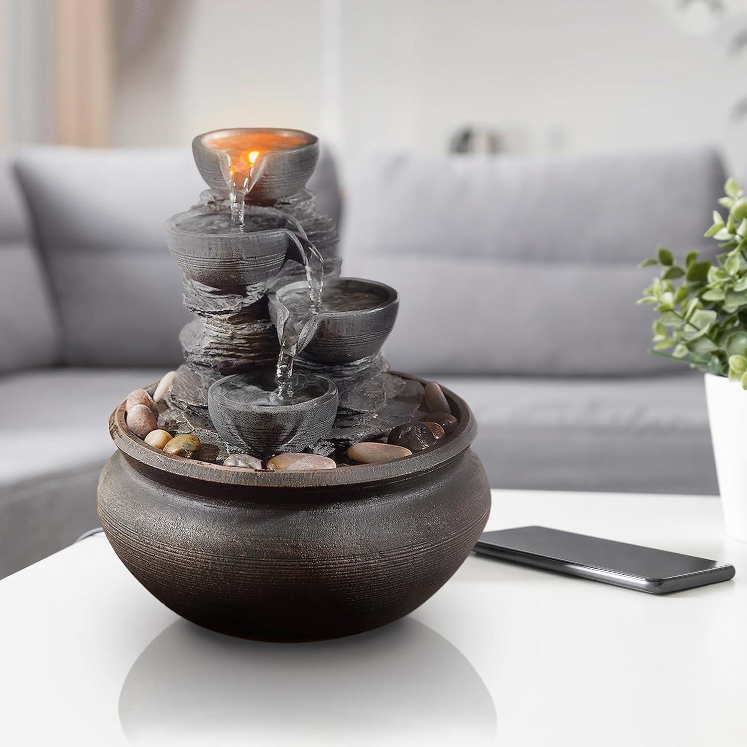 Stone Gray 4-Tier Tabletop Fountain with LED Lights