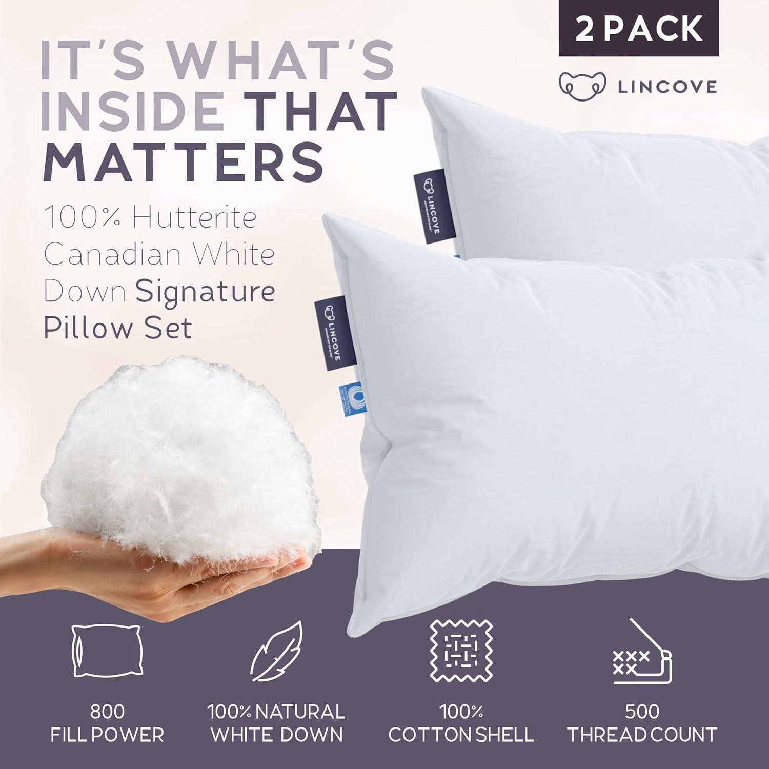 Lincove Signature 100% Canadian Down Luxury Sleeping Pillow - 800 Fill Power, 500 Thread Count Cotton Shell, Standard - Soft, 2 Pack